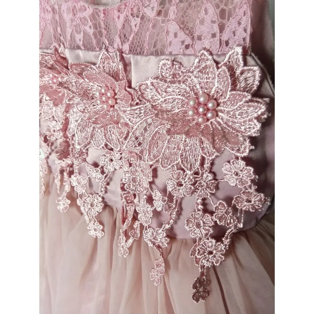 Girls Dusty Pink Lace Tulle Flower Pearl Special Occasion Formal Dress Size 4T